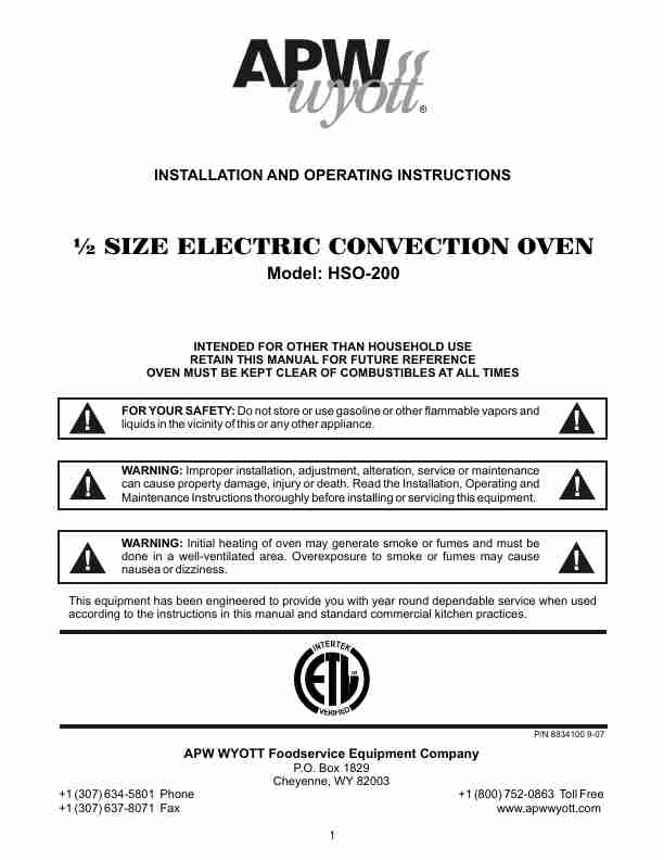 Apw Convection Oven Hso-200-page Pdf